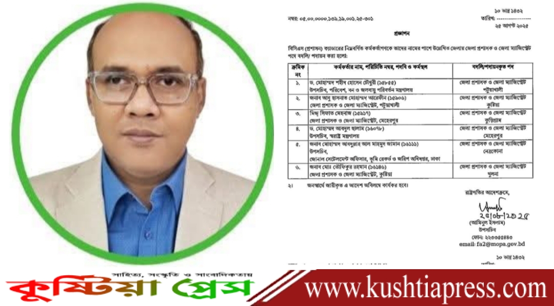 কুষ্টিয়ার জেলা প্রশাসক হিসেবে নিয়োগ পেয়েছেন আবু হাসনাত মোহাম্মদ আরেফিন