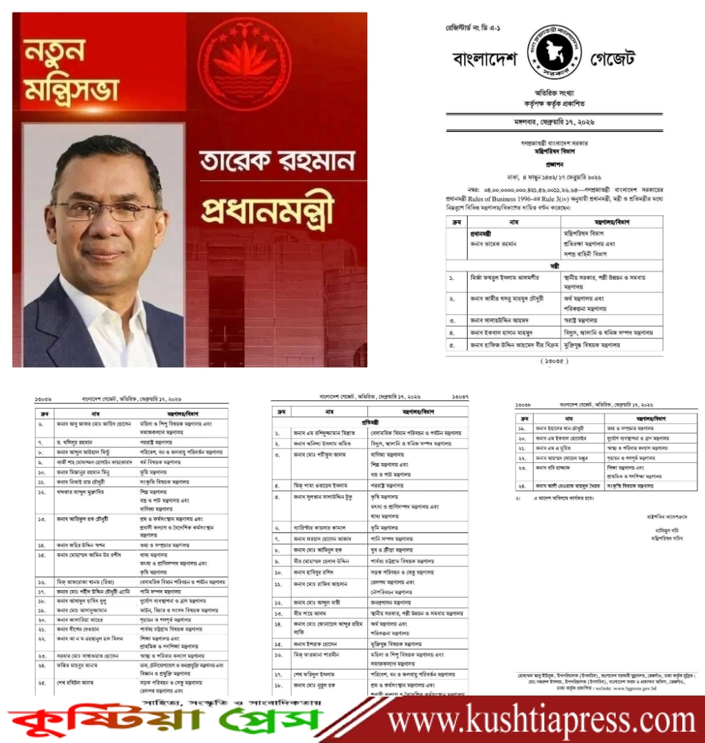 গণপ্রজাতন্ত্রী বাংলাদেশ সরকারের প্রধানমন্ত্রী, মন্ত্রী ও প্রতিমন্ত্রীদের দায়িত্ব বণ্টনের সরকারি গেজেট