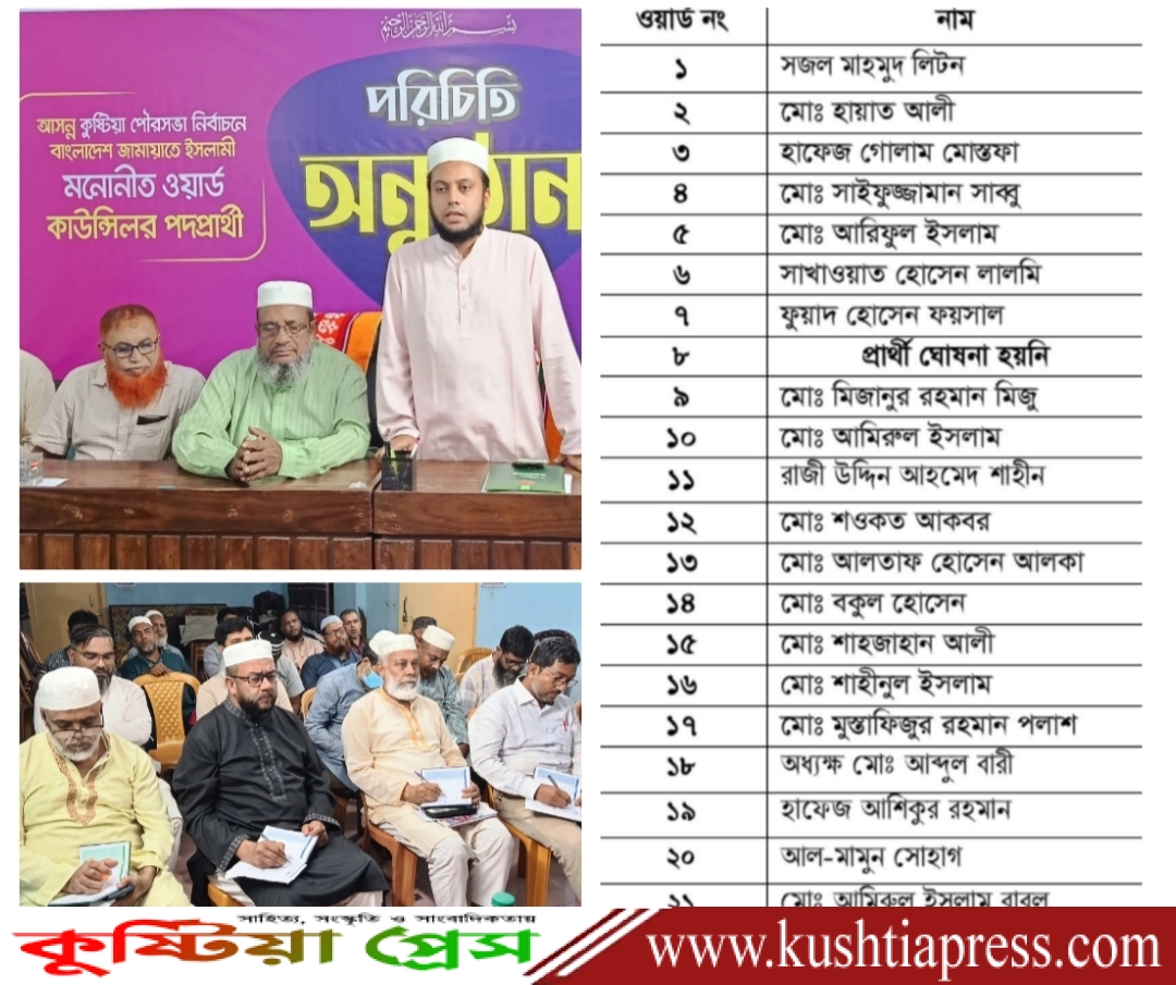 কুষ্টিয়ায় পৌরসভা নির্বাচনে জামায়াতের কাউন্সিলর প্রার্থীদের নাম ঘোষণা