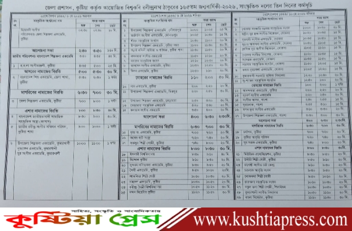 কুষ্টিয়ায় রবিন্দ্র জন্মবার্ষিকী উপলক্ষে কুঠিবাড়িতে তিন দিনের অনুষ্ঠানে অংশগ্রহণকারী দলের তালিকা ও সময়সূচী